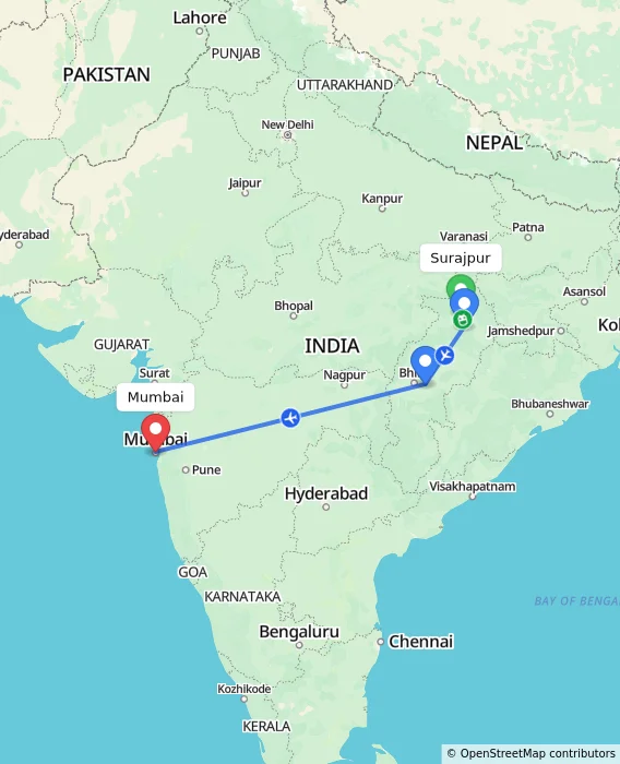 Route map showing distance and travel time from Surajpur, India to Mumbai, India