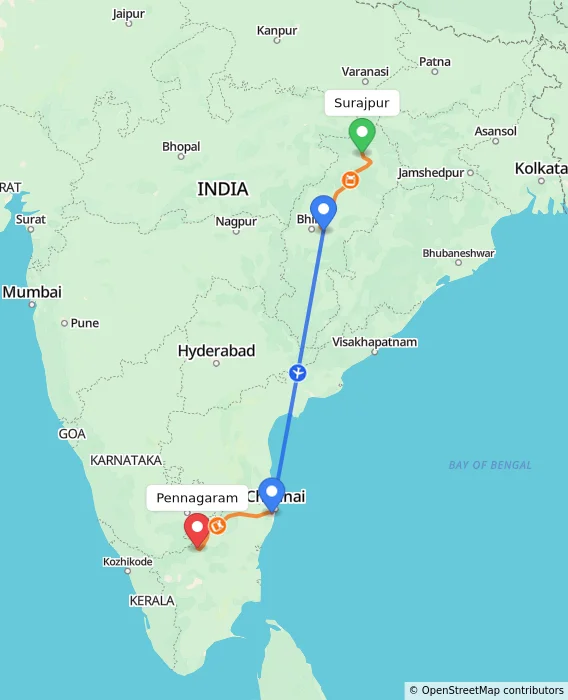 Route map showing distance and travel time from Surajpur, India to Pennagaram, India