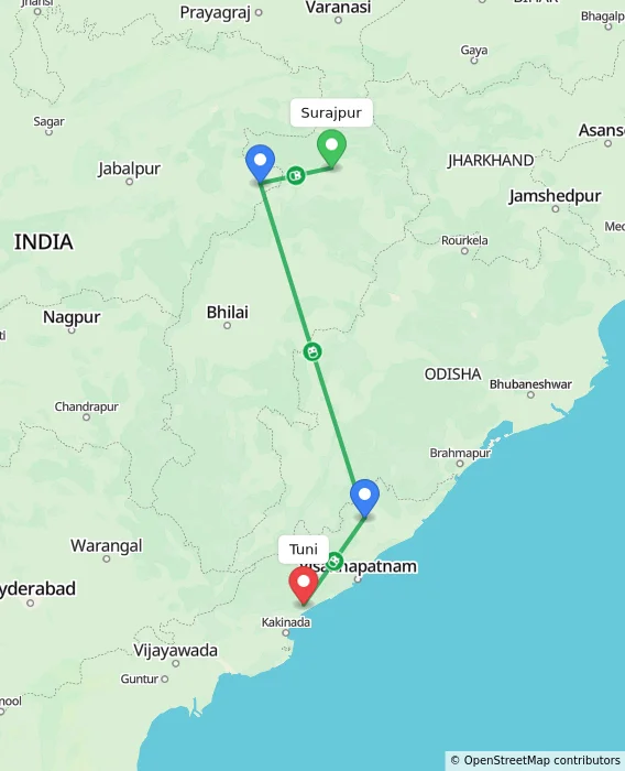 Route map showing distance and travel time from Surajpur, India to Tuni, India
