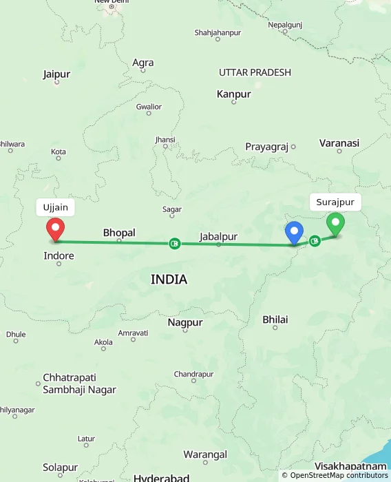 Route map showing distance and travel time from Surajpur, India to Ujjain, India