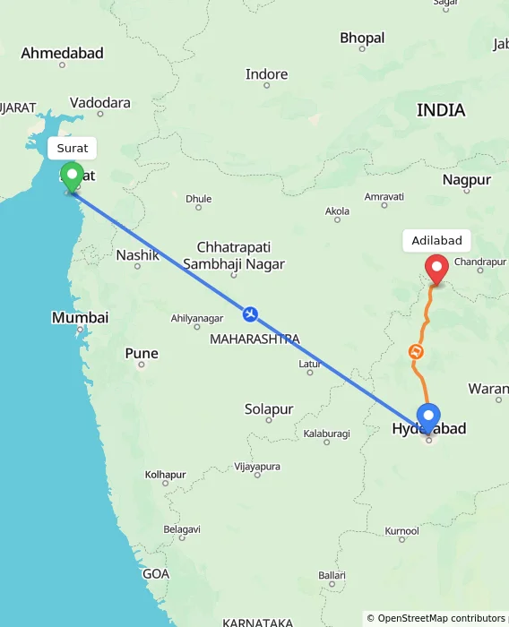 Route map showing distance and travel time from Surat, India to Adilabad, India