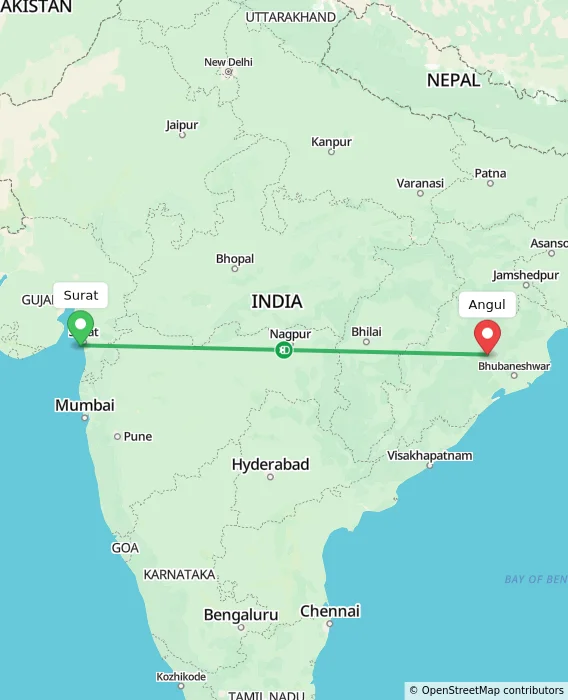 Route map showing distance and travel time from Surat, India to Angul, India