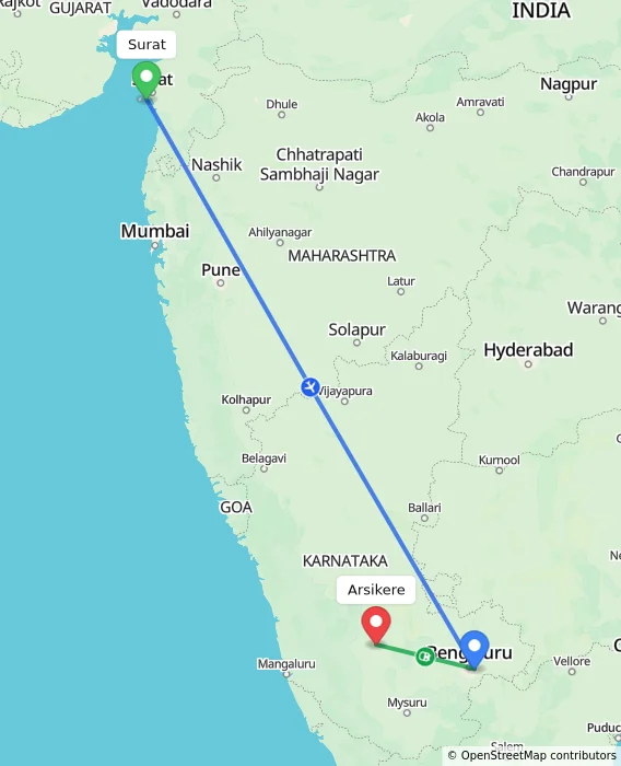 Route map showing distance and travel time from Surat, India to Arsikere, India