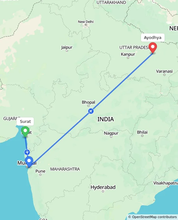 Route map showing distance and travel time from Surat, India to Ayodhya, India
