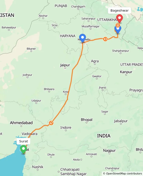 Route map showing distance and travel time from Surat, India to Bageshwar, India