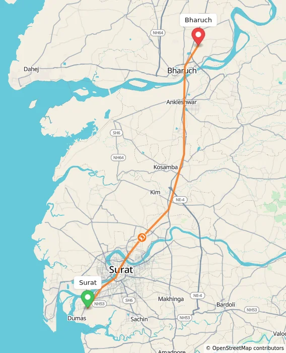 Route map showing distance and travel time from Surat, India to Bharuch, India