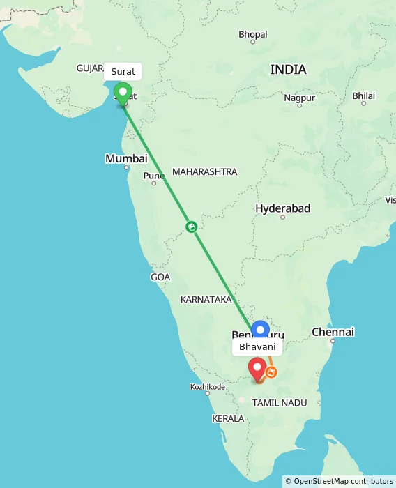 Route map showing distance and travel time from Surat, India to Bhavani, India