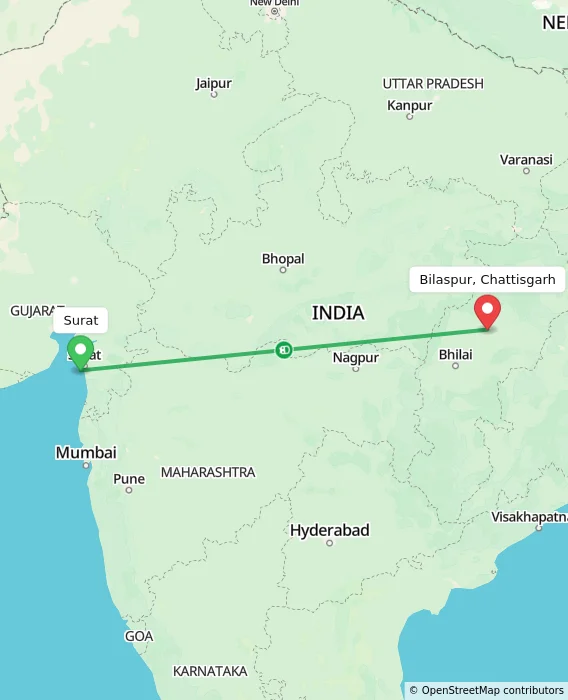 Route map showing distance and travel time from Surat, India to Bilaspur, Chattisgarh, India