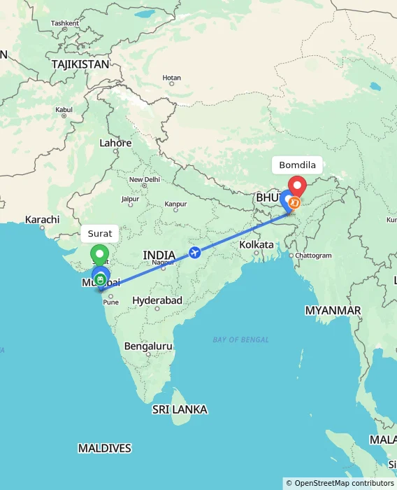 Route map showing distance and travel time from Surat, India to Bomdila, India