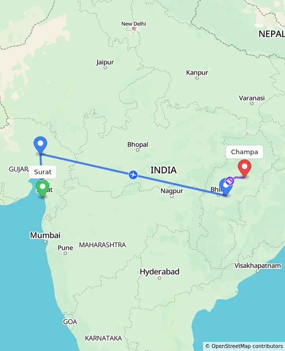 Route map showing distance and travel time from Surat, India to Champa, India