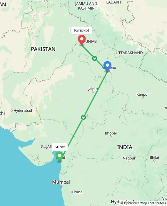 Route map showing distance and travel time from Surat, India to Faridkot, India