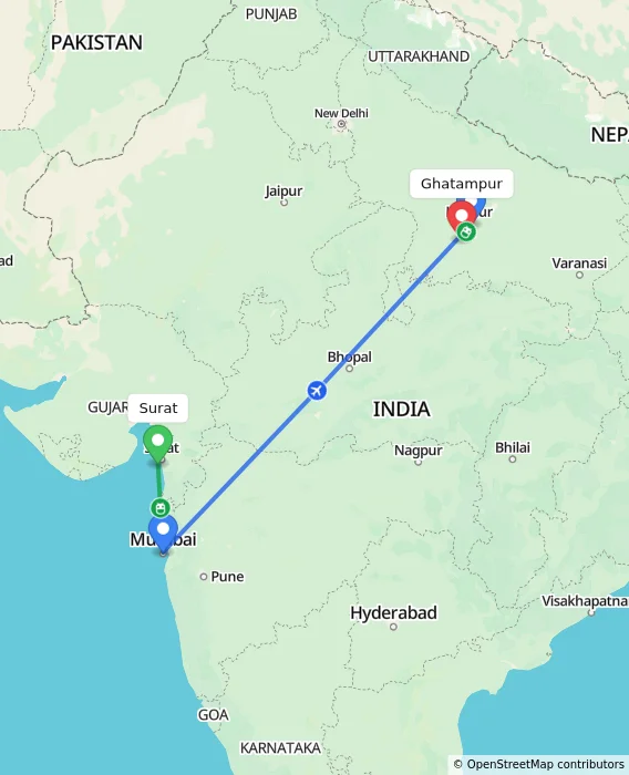 Route map showing distance and travel time from Surat, India to Ghatampur, India