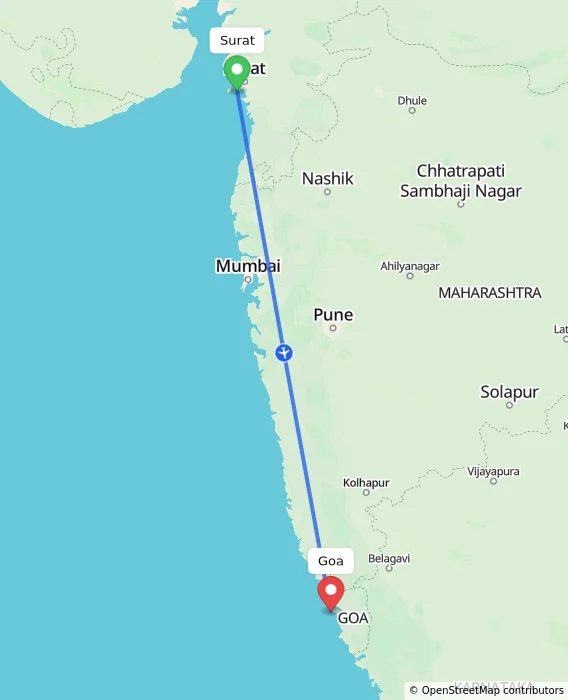 Route map showing distance and travel time from Surat, India to Goa, India