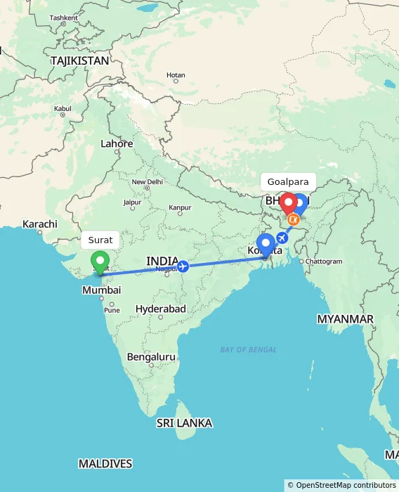 Route map showing distance and travel time from Surat, India to Goalpara, India