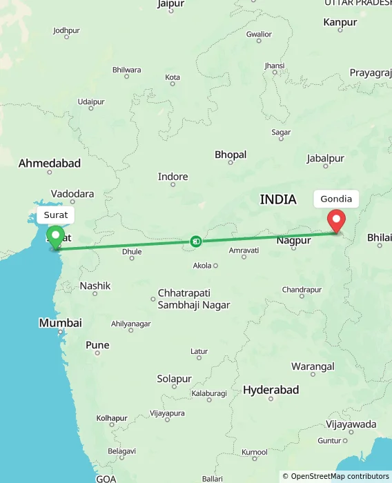 Route map showing distance and travel time from Surat, India to Gondia, India