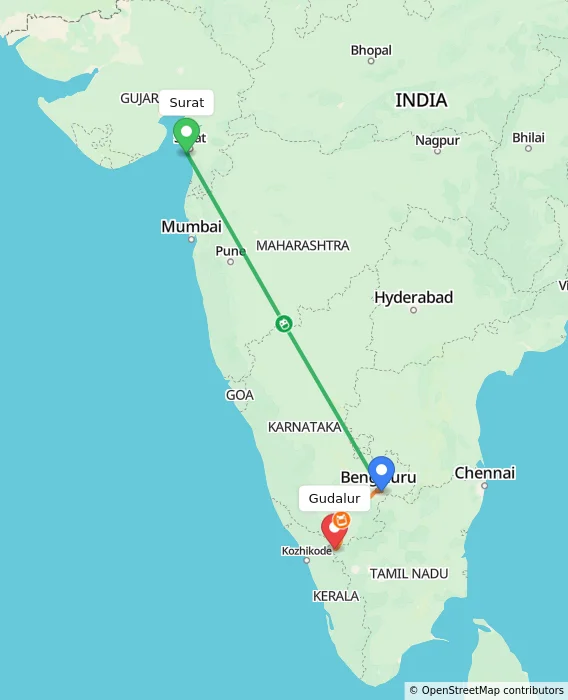 Route map showing distance and travel time from Surat, India to Gudalur, India