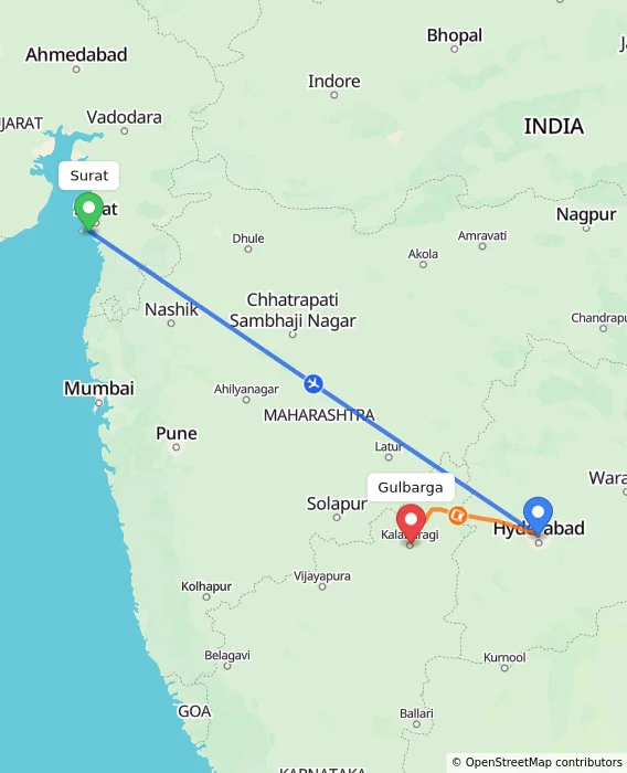 Route map showing distance and travel time from Surat, India to Gulbarga, India