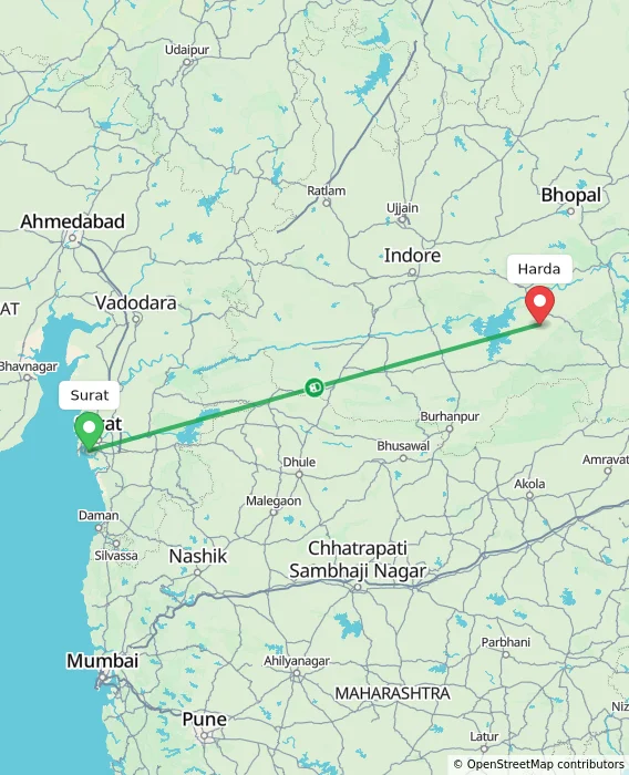 Route map showing distance and travel time from Surat, India to Harda, India