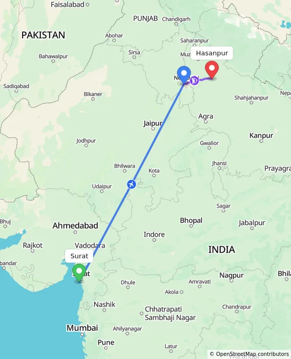 Route map showing distance and travel time from Surat, India to Hasanpur, India