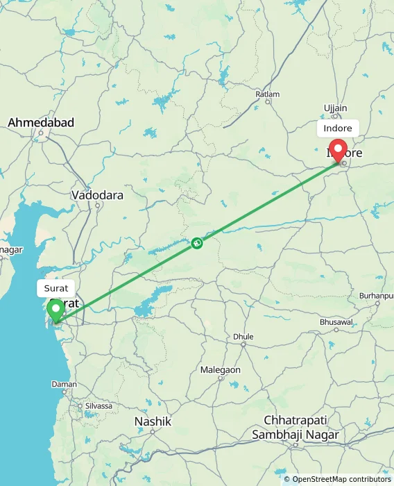 Route map showing distance and travel time from Surat, India to Indore, India
