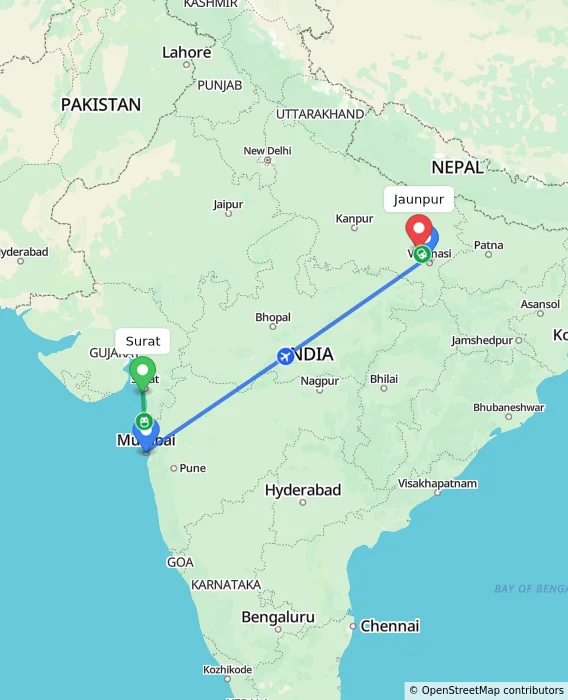 Route map showing distance and travel time from Surat, India to Jaunpur, India