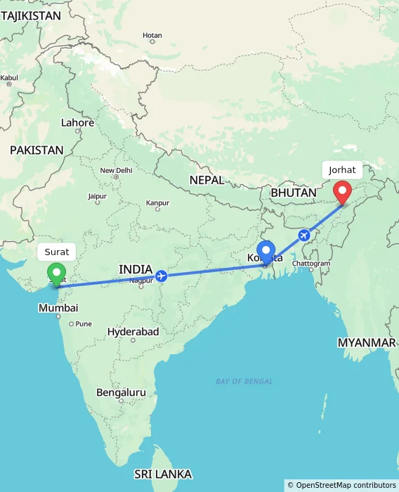 Route map showing distance and travel time from Surat, India to Jorhat, India