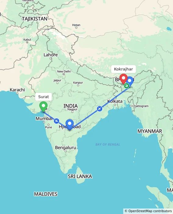 Route map showing distance and travel time from Surat, India to Kokrajhar, India
