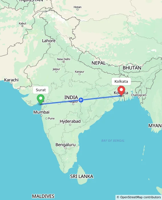Route map showing distance and travel time from Surat, India to Kolkata, India