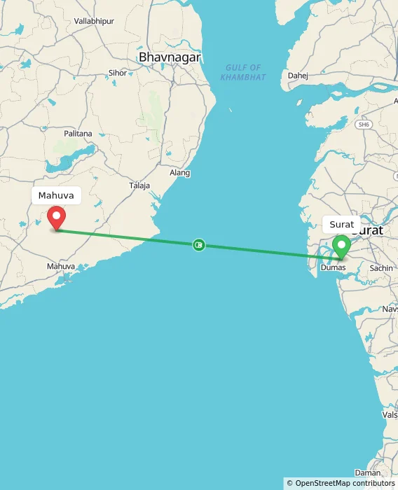 Route map showing distance and travel time from Surat, India to Mahuva, India
