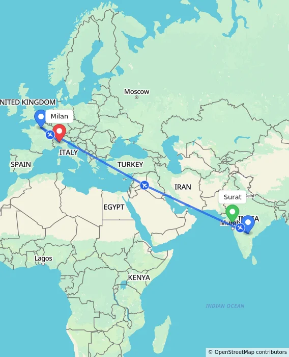 Route map showing distance and travel time from Surat, India to Milan, Italy