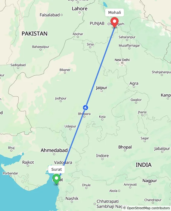 Route map showing distance and travel time from Surat, India to Mohali, India