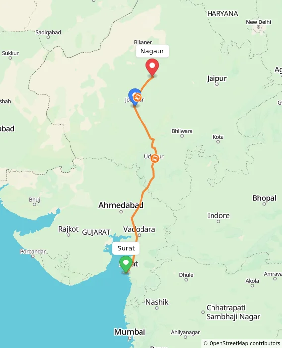 Route map showing distance and travel time from Surat, India to Nagaur, India