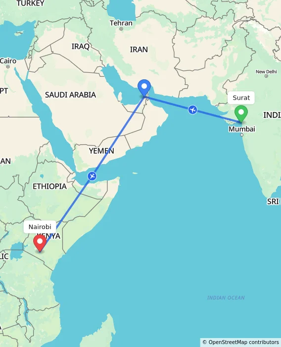 Route map showing distance and travel time from Surat, India to Nairobi, Kenya