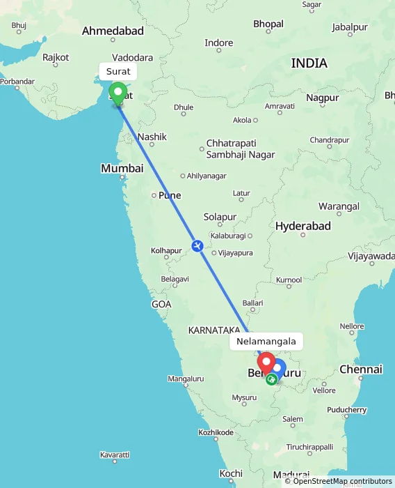 Route map showing distance and travel time from Surat, India to Nelamangala, India