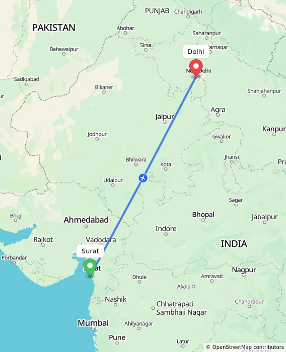 Route map showing distance and travel time from Surat, India to Delhi, India