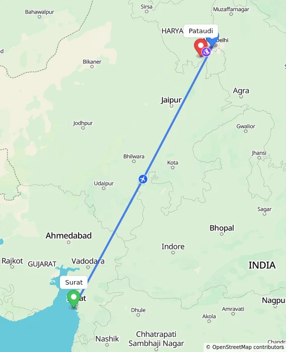 Route map showing distance and travel time from Surat, India to Pataudi, India
