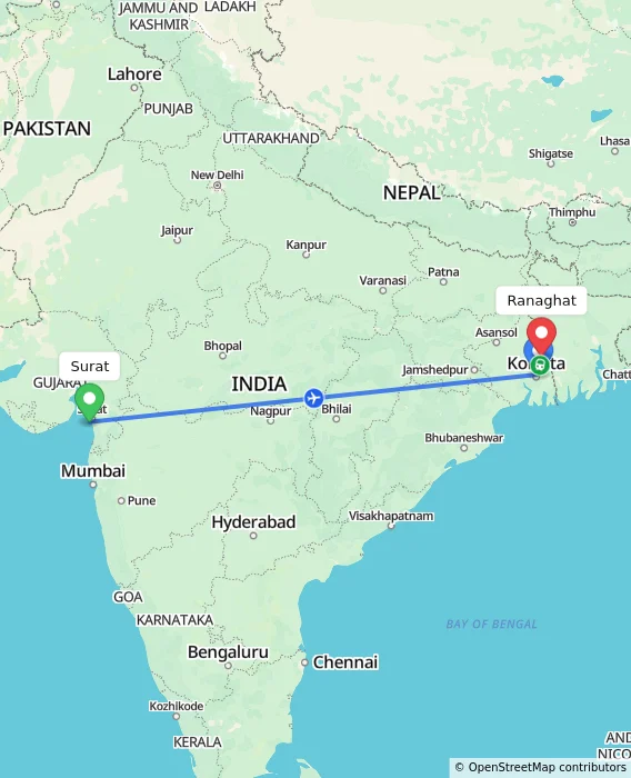 Route map showing distance and travel time from Surat, India to Ranaghat, India