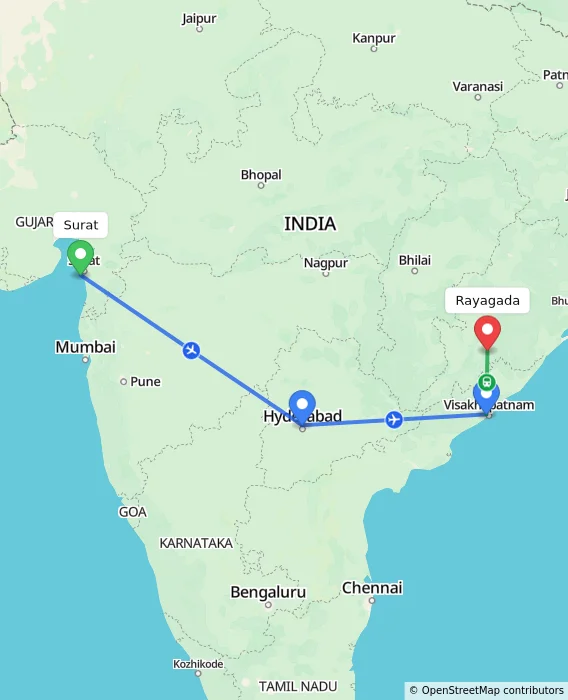 Route map showing distance and travel time from Surat, India to Rayagada, India