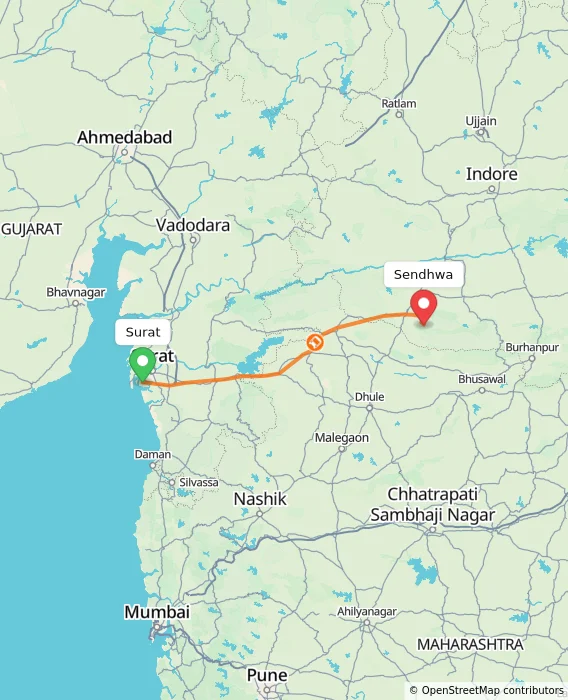 Route map showing distance and travel time from Surat, India to Sendhwa, India