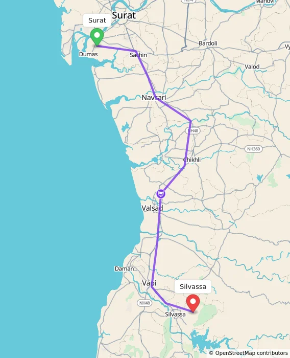 Route map showing distance and travel time from Surat, India to Silvassa, India