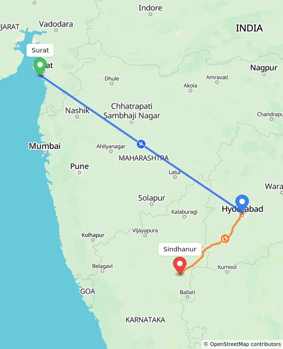 Route map showing distance and travel time from Surat, India to Sindhanur, India