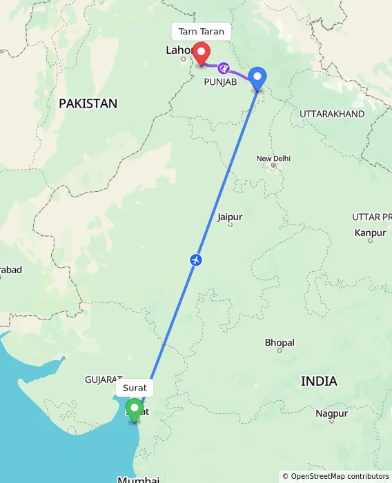 Route map showing distance and travel time from Surat, India to Tarn Taran, India
