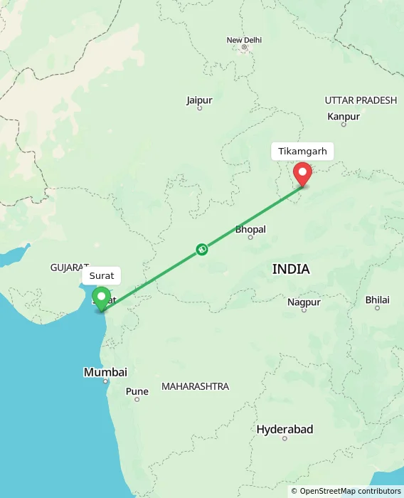 Route map showing distance and travel time from Surat, India to Tikamgarh, India
