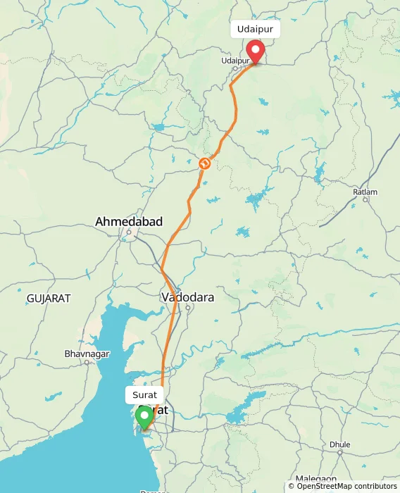 Route map showing distance and travel time from Surat, India to Udaipur, India
