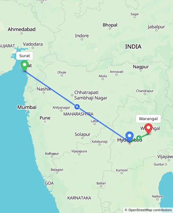 Route map showing distance and travel time from Surat, India to Warangal, India