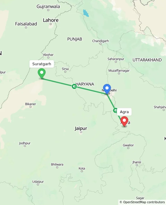 Route map showing distance and travel time from Suratgarh, India to Agra, India
