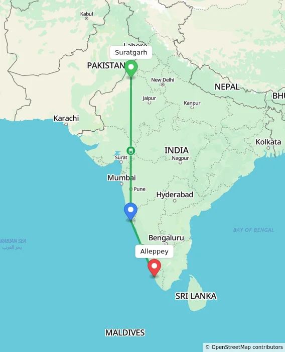 Route map showing distance and travel time from Suratgarh, India to Alappuzha, India
