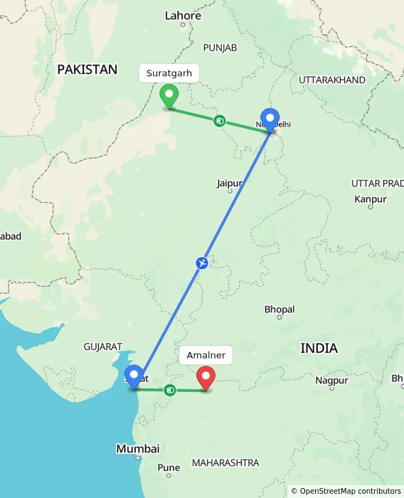 Route map showing distance and travel time from Suratgarh, India to Amalner, India