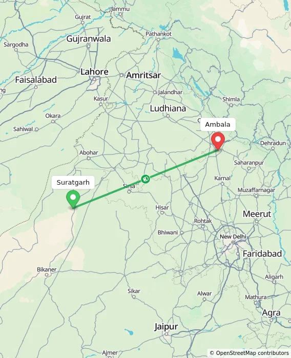 Route map showing distance and travel time from Suratgarh, India to Ambala, India