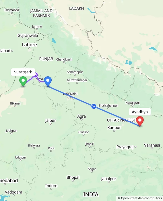 Route map showing distance and travel time from Suratgarh, India to Ayodhya, India